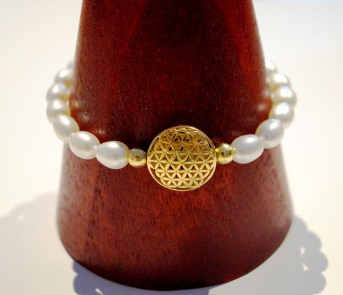 Blume des Lebens Armband mit Süßwasser-Zuchtperle-Silber vergoldet